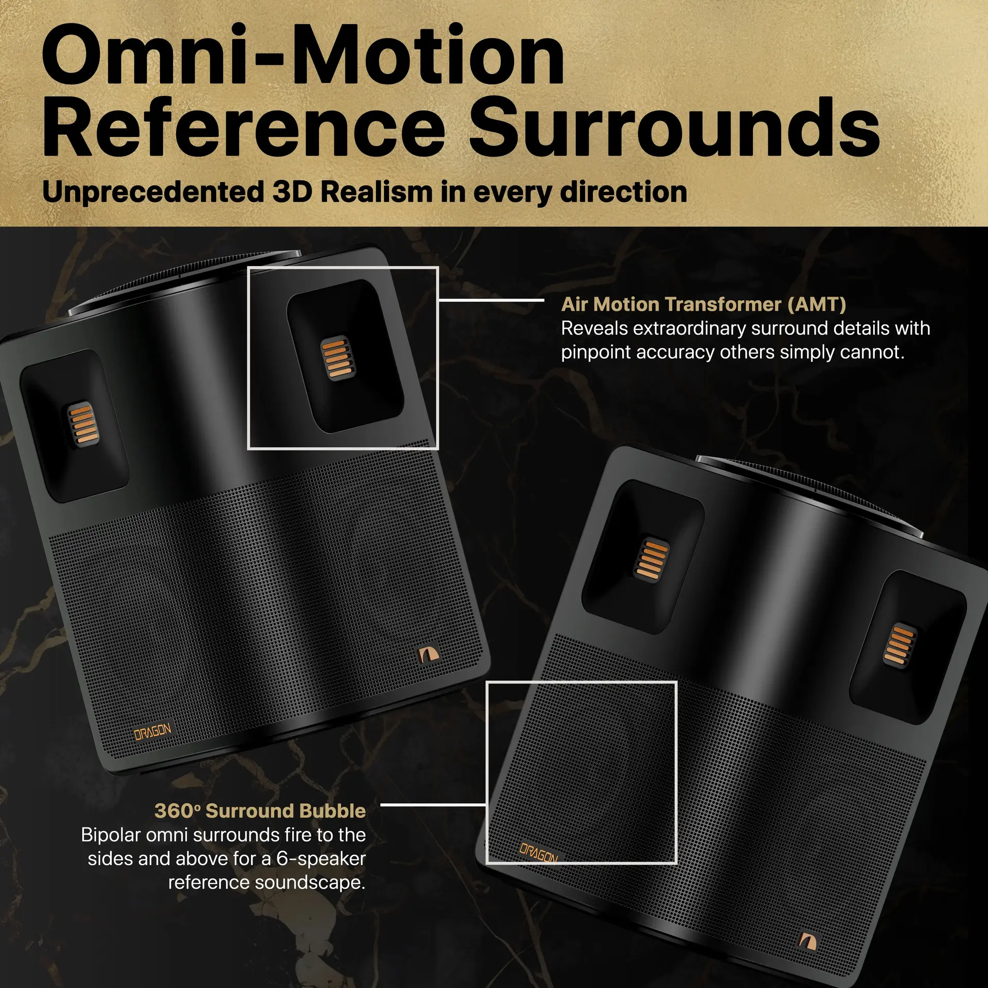 graphic of dragon's omni motion reference surround speakers